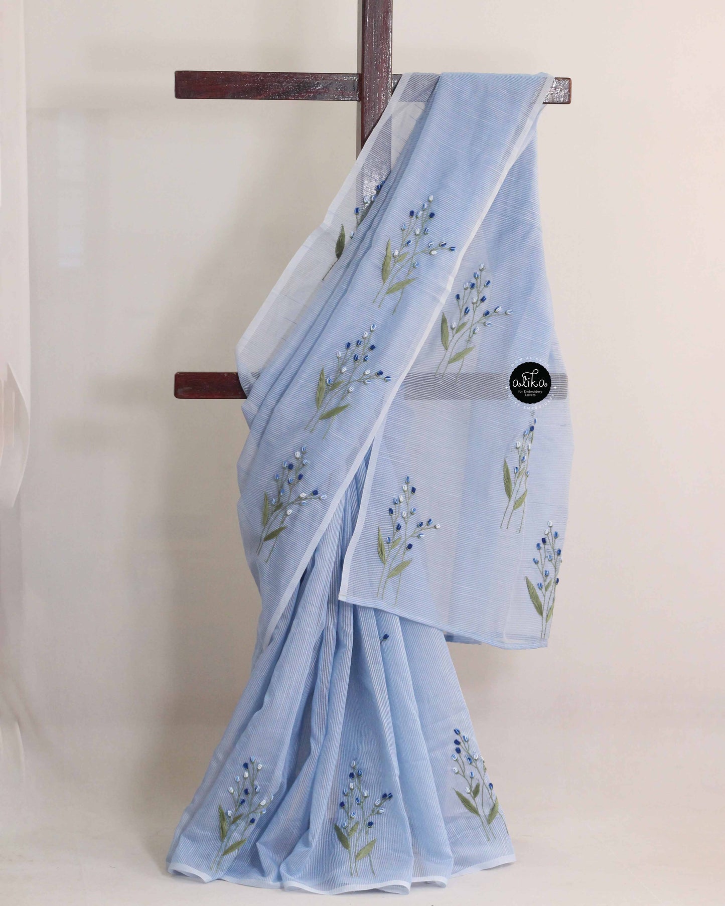Ice Blue Kota Saree with Floral Hand Embroidery