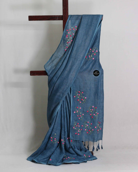 Light Navy Blue Pure Linen Saree with Floral Hand Embroidery