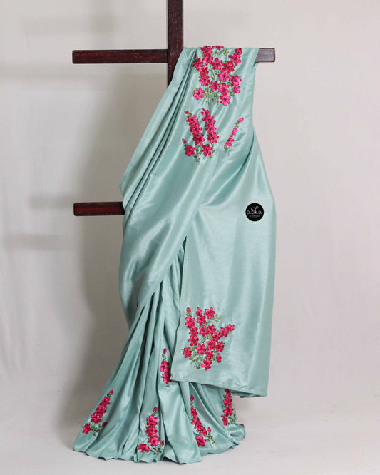 Ocean Green Semi Silk Saree with Red Floral Ribbon Embroidery and Bead Work