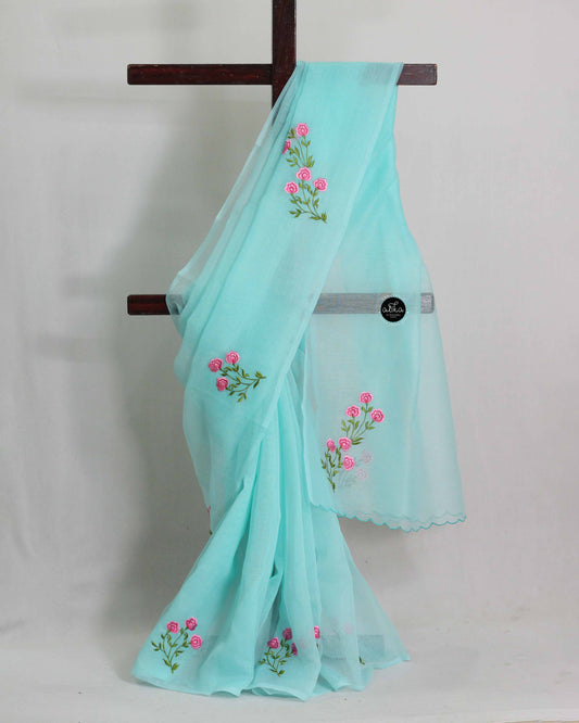 Light Blue Kota Saree with Floral Machine Embroidery