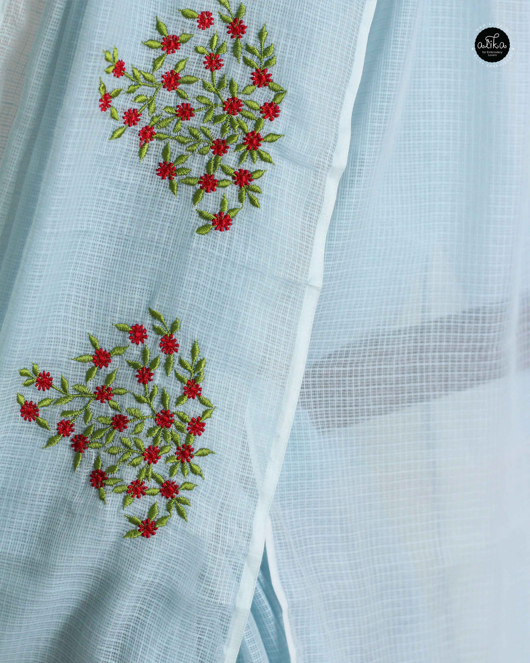 Pastel Blue Cotton Kota Saree with Floral Machine Embroidery