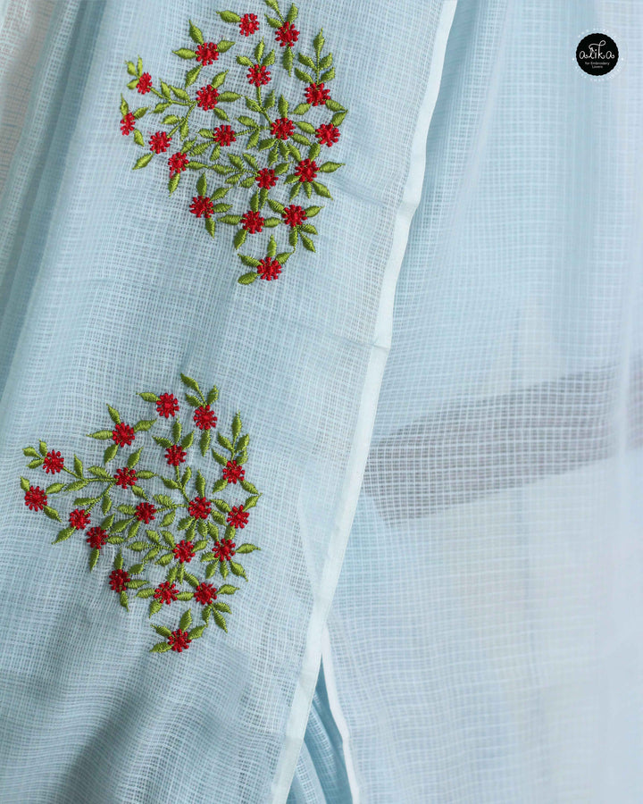 Pastel Blue Cotton Kota Saree with Floral Machine Embroidery