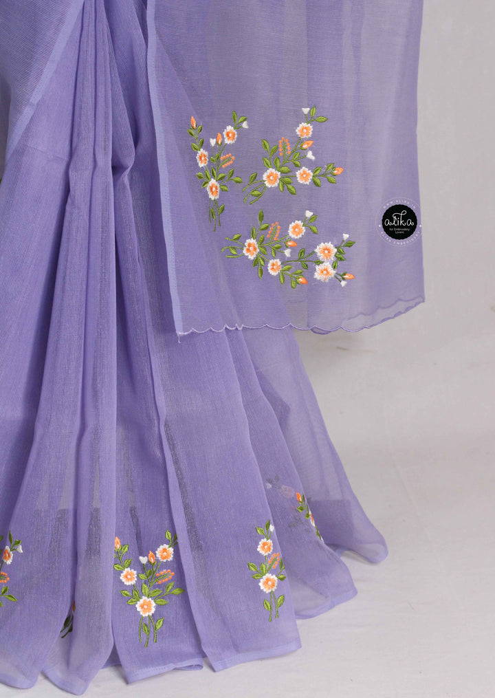 Lavender Kota Saree with Floral Machine Embroidery