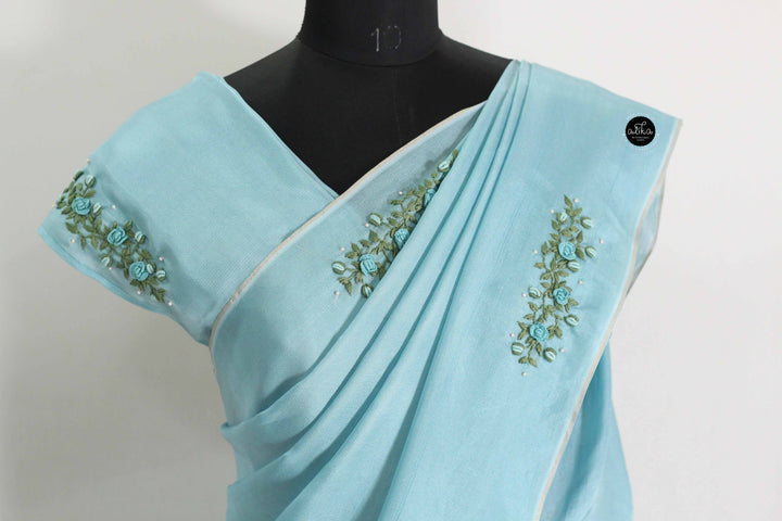 Sky Blue Crispy Georgette Saree with Floral Hand Embroidery &amp; Bead Embellishments