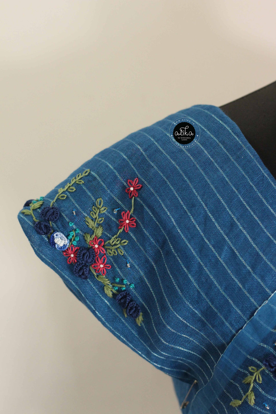 Indigo Blue Pure Linen Saree with Floral Hand Embroidery &amp; Bead Work