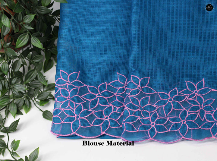 Teal Blue Silky Kota Saree with Floral Appliqué Border