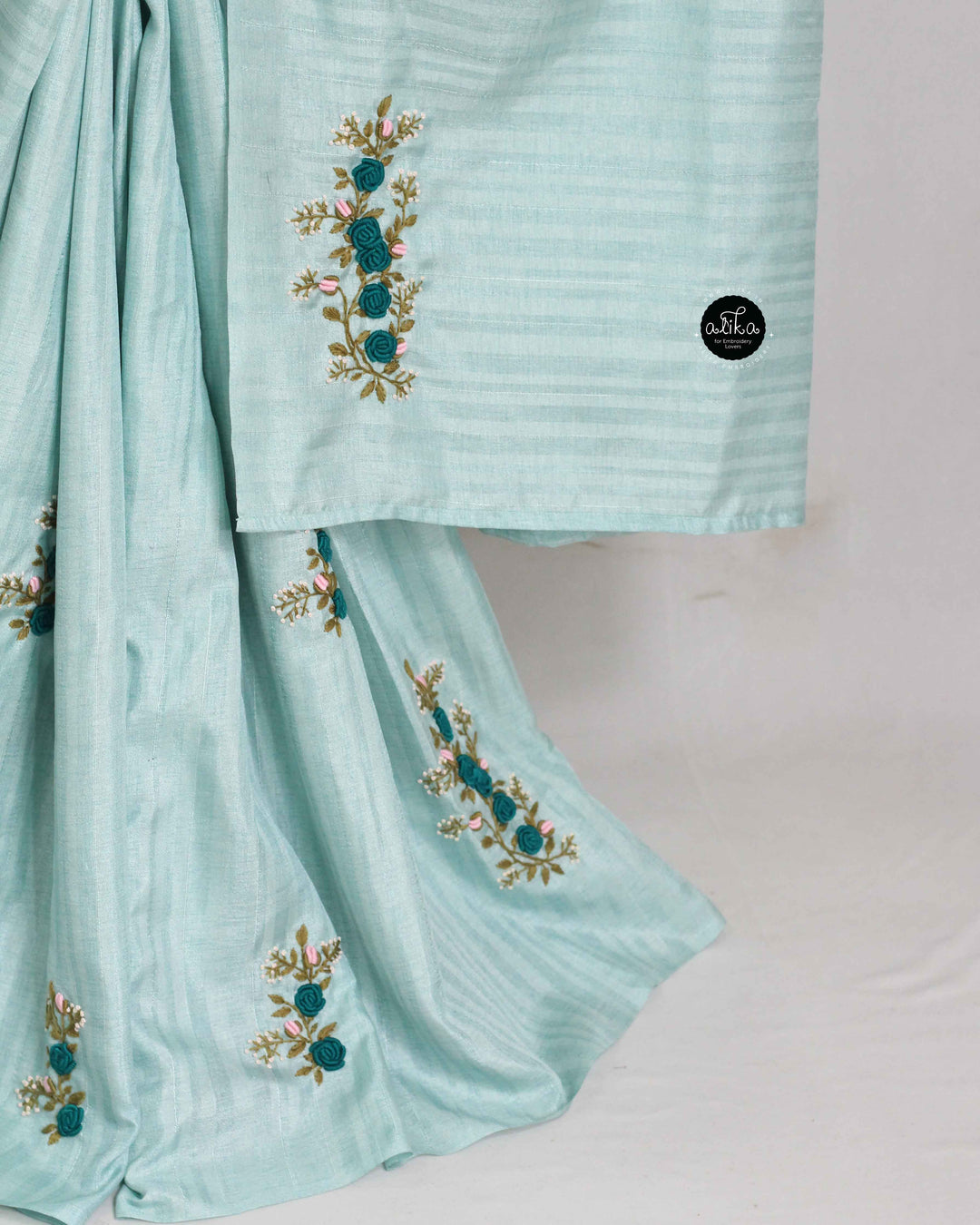 Light Blue Designer Silk Saree with Floral Hand Embroidery