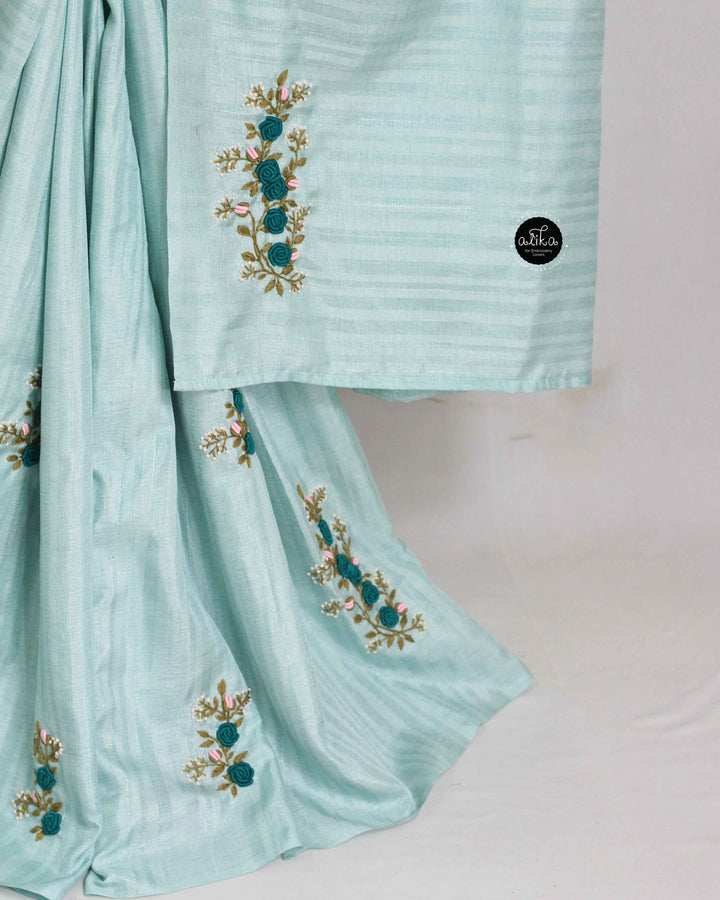 Light Blue Designer Silk Saree with Floral Hand Embroidery