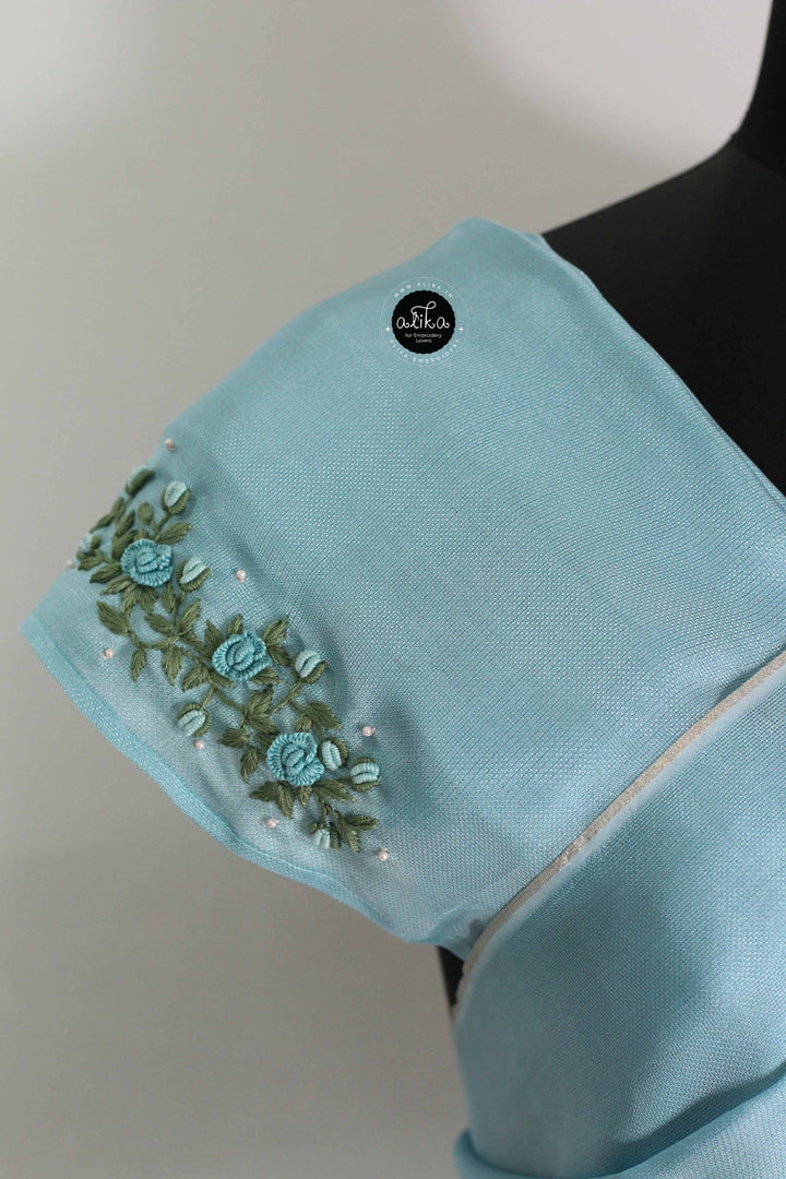 Sky Blue Crispy Georgette Saree with Floral Hand Embroidery &amp; Bead Embellishments