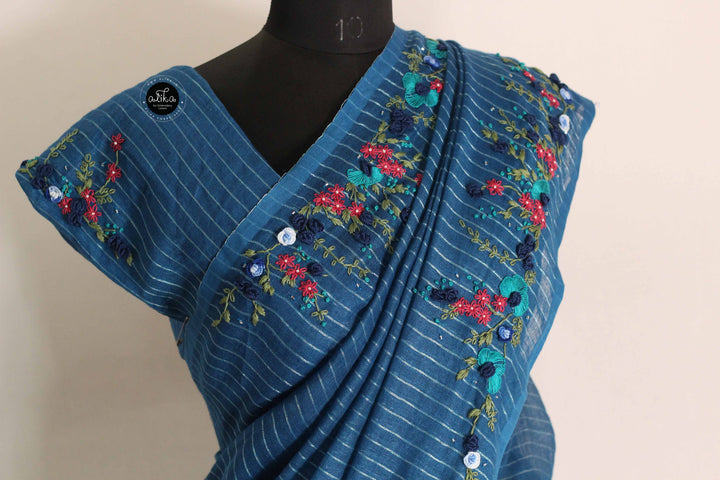 Indigo Blue Pure Linen Saree with Floral Hand Embroidery &amp; Bead Work