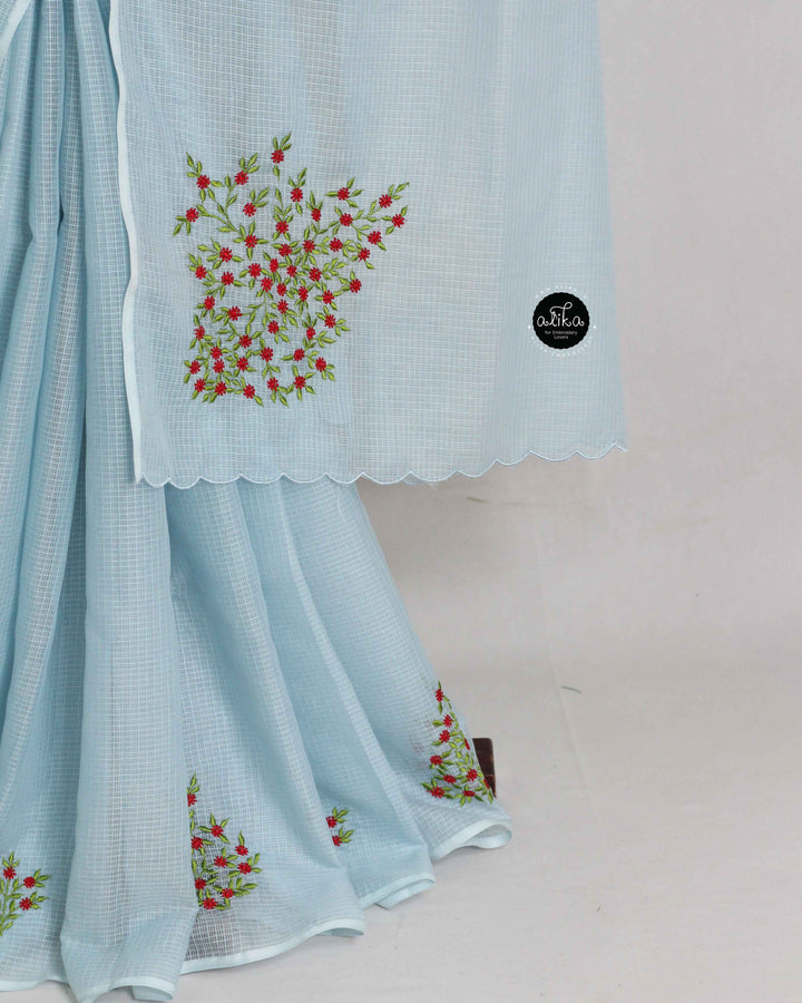 Pastel Blue Cotton Kota Saree with Floral Machine Embroidery