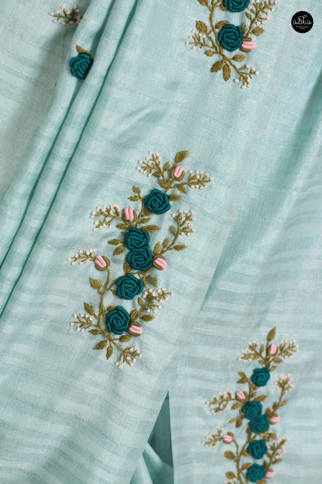 Light Blue Designer Silk Saree with Floral Hand Embroidery