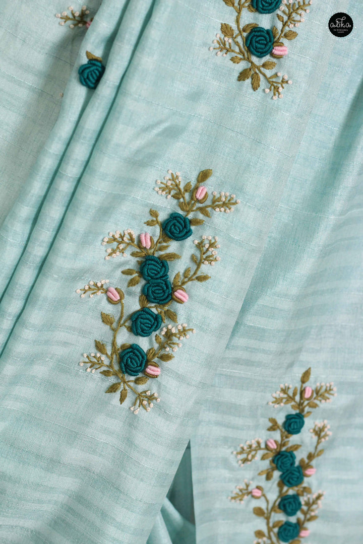Light Blue Designer Silk Saree with Floral Hand Embroidery