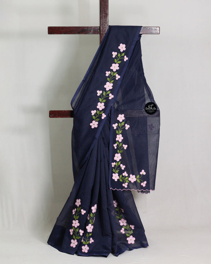 NAVY BLUE KOTA SAREE WITH FLORAL APPLIQUE WORK