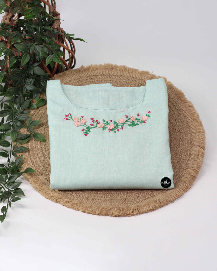 Mint green Semi-Linen Stitched Kurti with Floral Hand Embroidery on Neckline &amp;