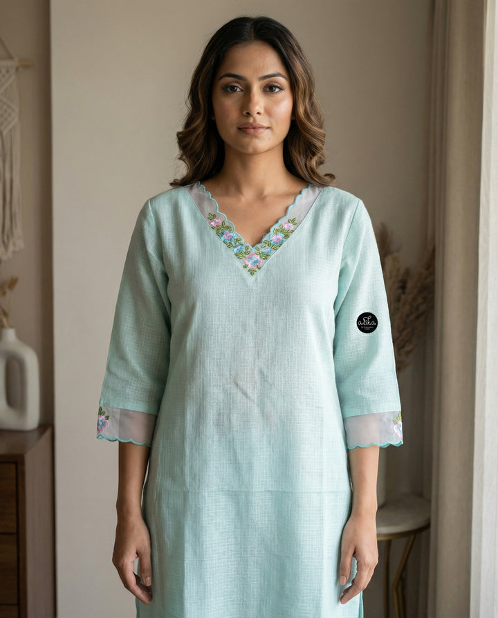 Pastel Blue Stitched kota Kurti with Floral Embroidery on Neckline &amp; Sleeves