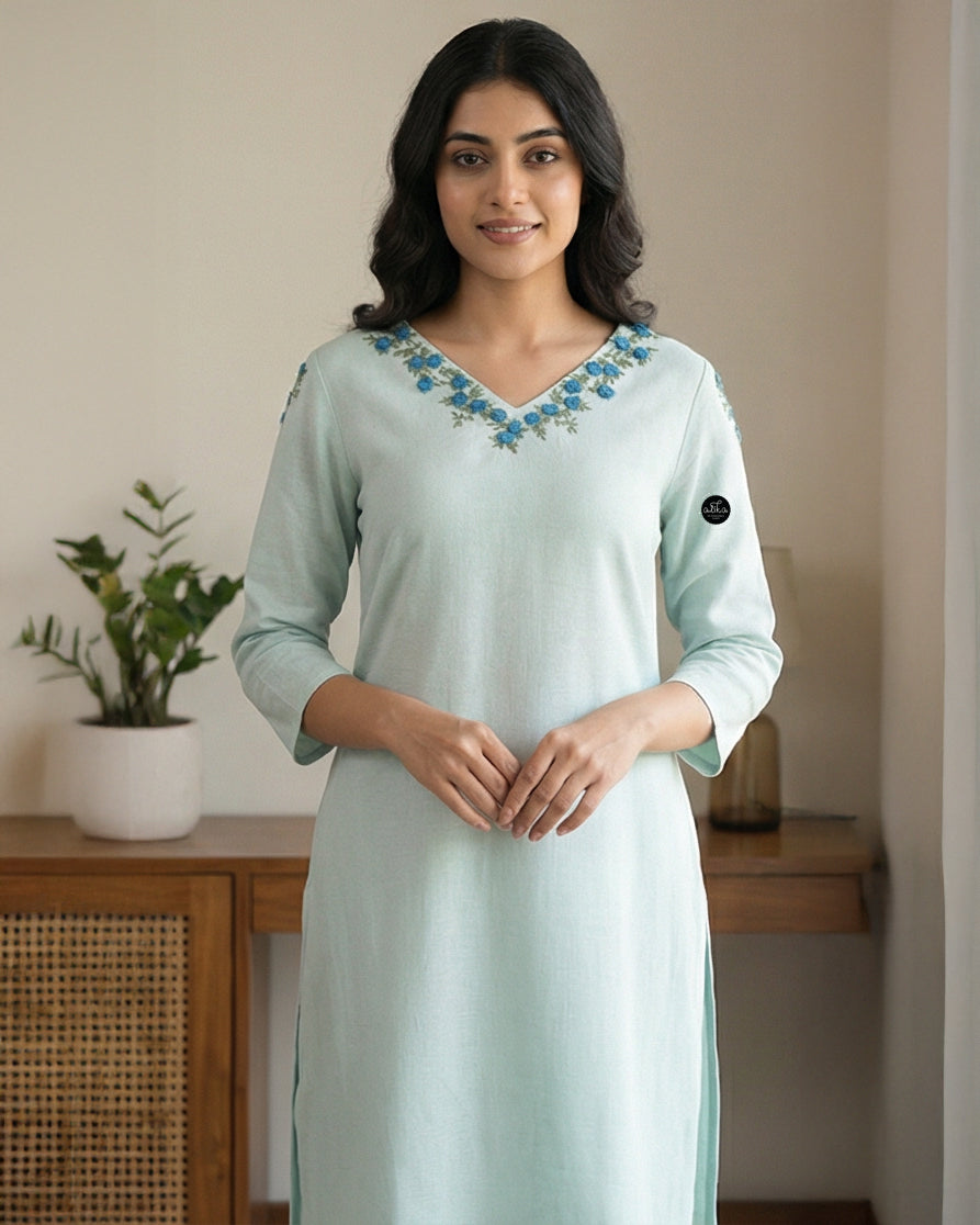 Light Blue Semi linen Stitched Kurti with Floral Hand Embroidery on Neckline
