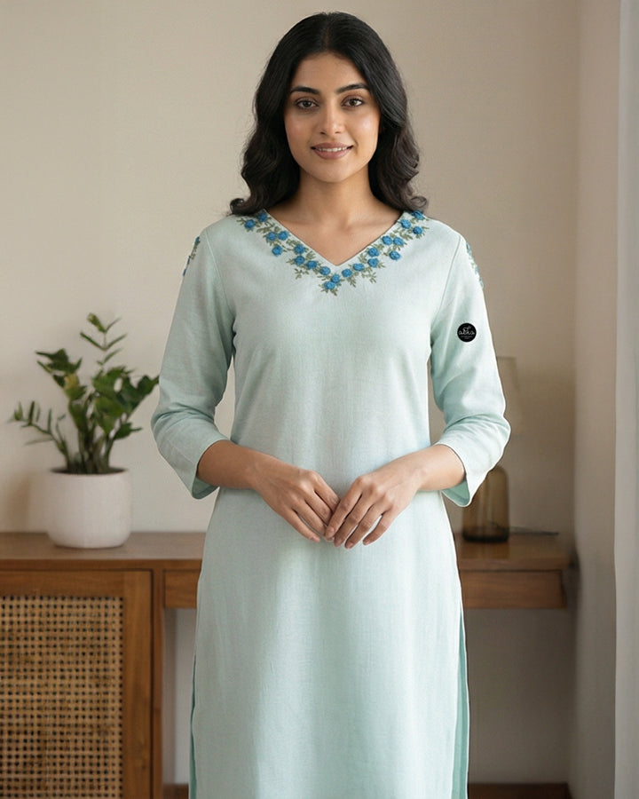 Light Blue Semi linen Stitched Kurti with Floral Hand Embroidery on Neckline