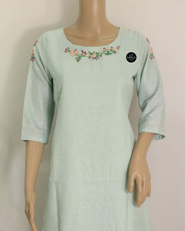 Mint green Semi-Linen Stitched Kurti with Floral Hand Embroidery on Neckline &amp;