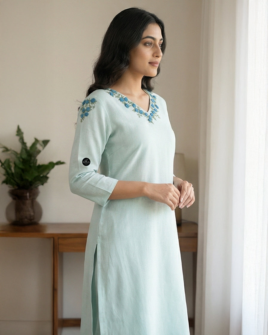 Light Blue Semi linen Stitched Kurti with Floral Hand Embroidery on Neckline
