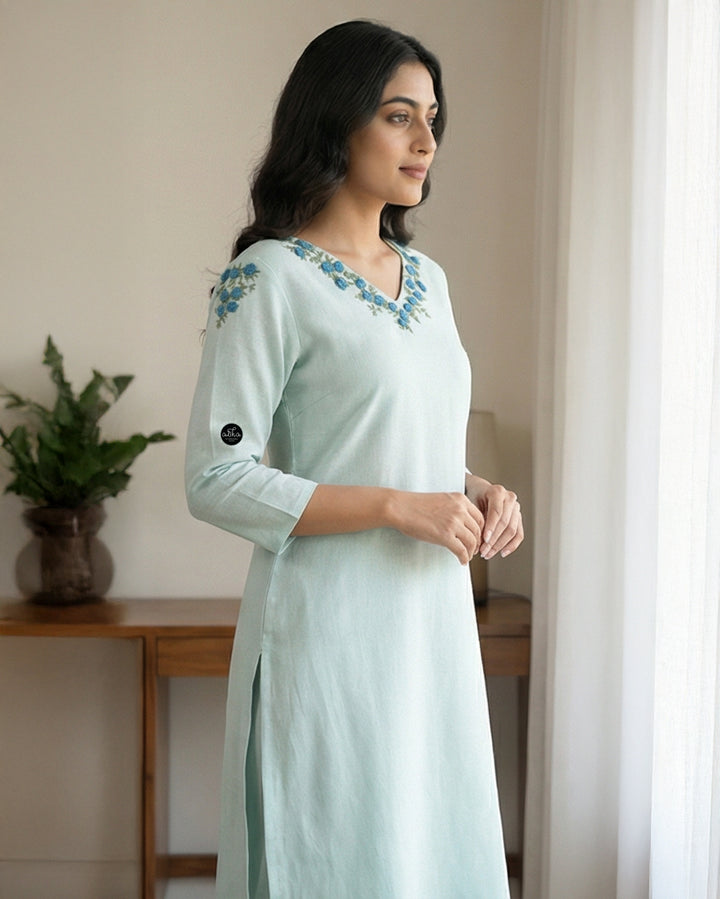 Light Blue Semi linen Stitched Kurti with Floral Hand Embroidery on Neckline