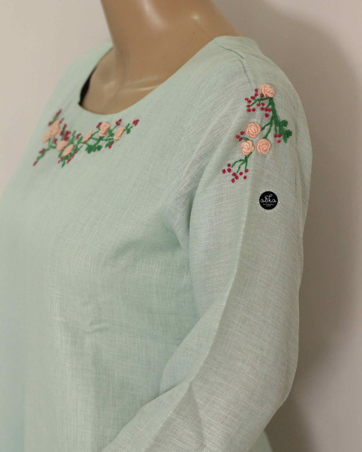 Mint green Semi-Linen Stitched Kurti with Floral Hand Embroidery on Neckline &amp;