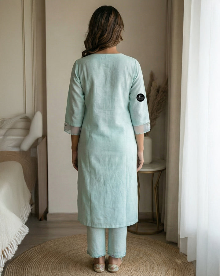 Pastel Blue Stitched kota Kurti with Floral Embroidery on Neckline &amp; Sleeves