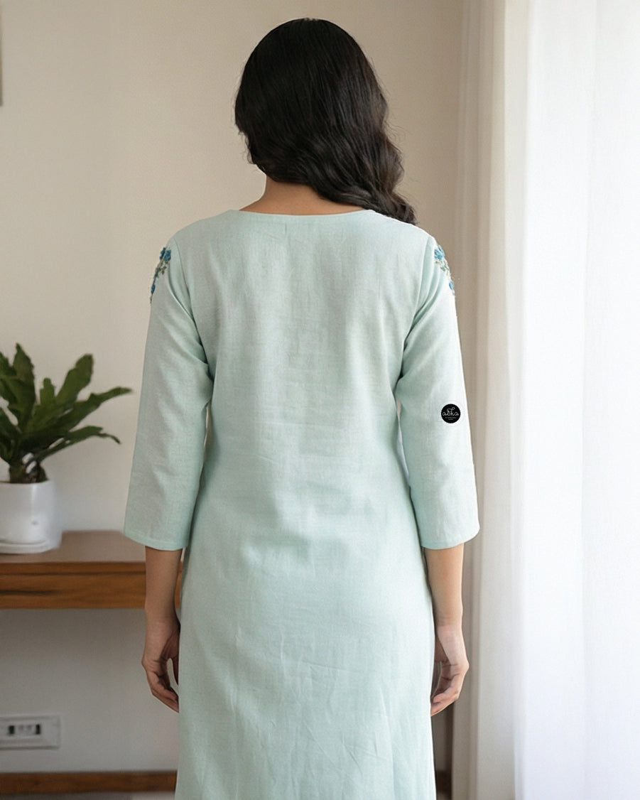 Light Blue Semi linen Stitched Kurti with Floral Hand Embroidery on Neckline