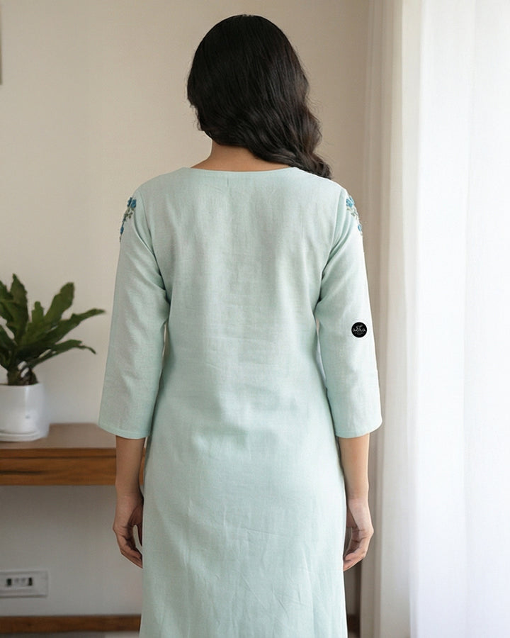 Light Blue Semi linen Stitched Kurti with Floral Hand Embroidery on Neckline