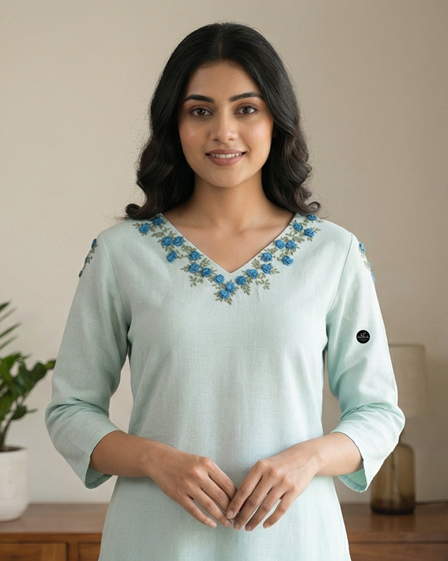 Light Blue Semi linen Stitched Kurti with Floral Hand Embroidery on Neckline & Top of the Sleeve – Elegant Ethnic Wear for Women