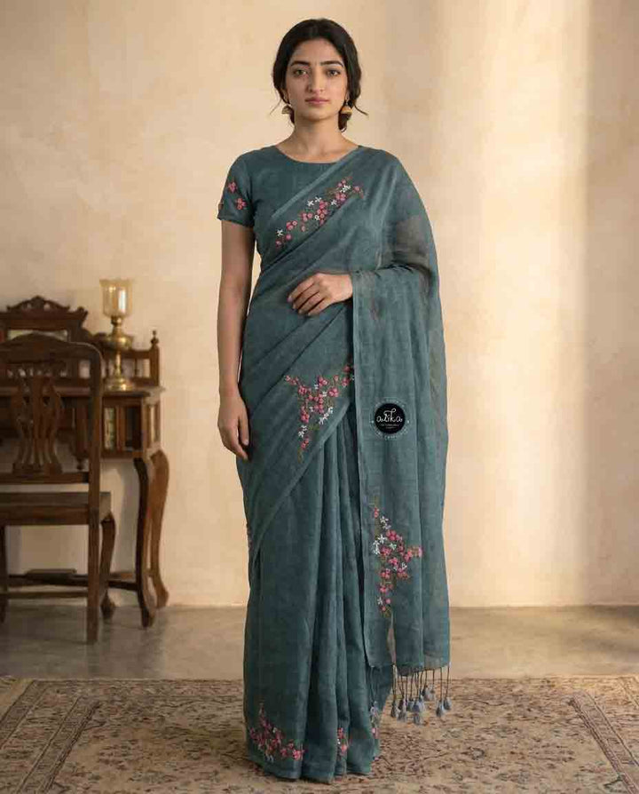 Bluish Gray Pure Linen Saree with Floral Hand Embroidery