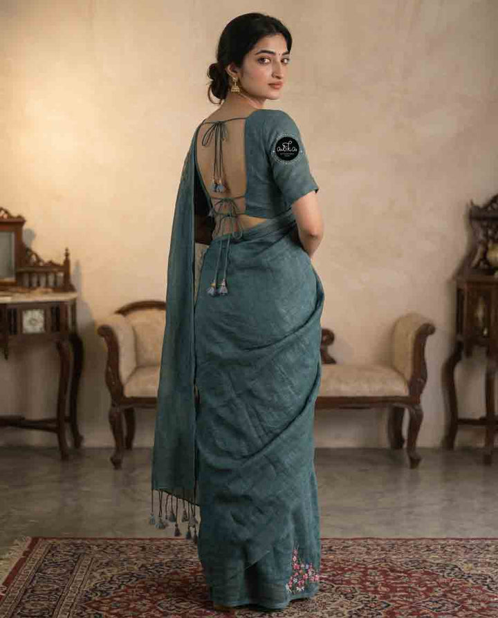 Bluish Gray Pure Linen Saree with Floral Hand Embroidery
