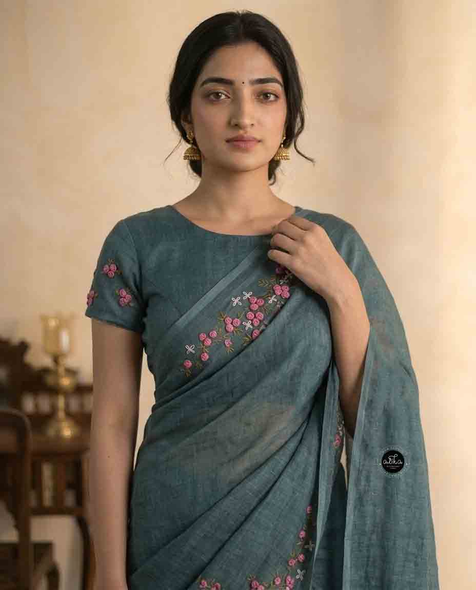 Bluish Gray Pure Linen Saree with Floral Hand Embroidery