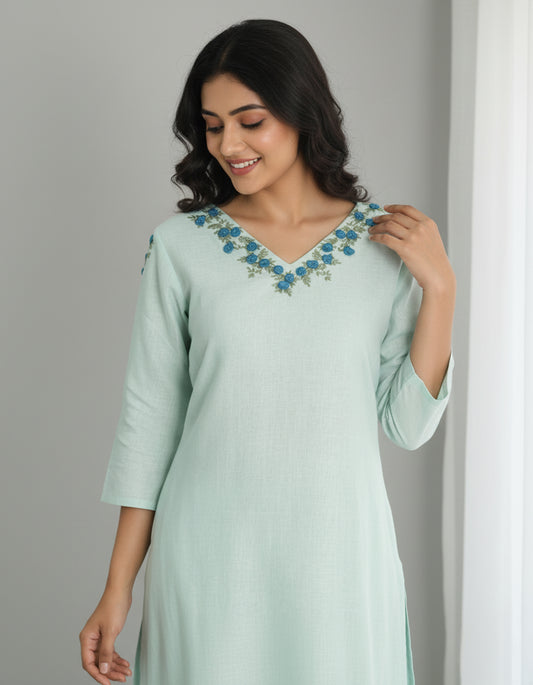 Light Blue Semi linen Stitched Kurti with Floral Hand Embroidery on Neckline & Top of the Sleeve – Elegant Ethnic Wear for Women