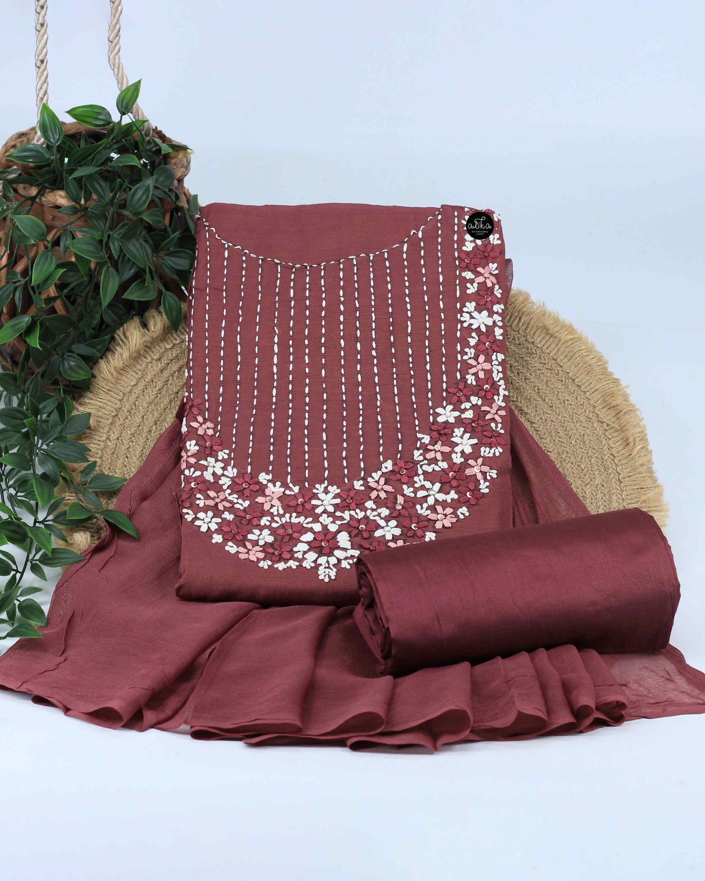 Deep Brown Semi-Silk Unstitched Salwar Set with Floral Hand Embroidery & Sequins