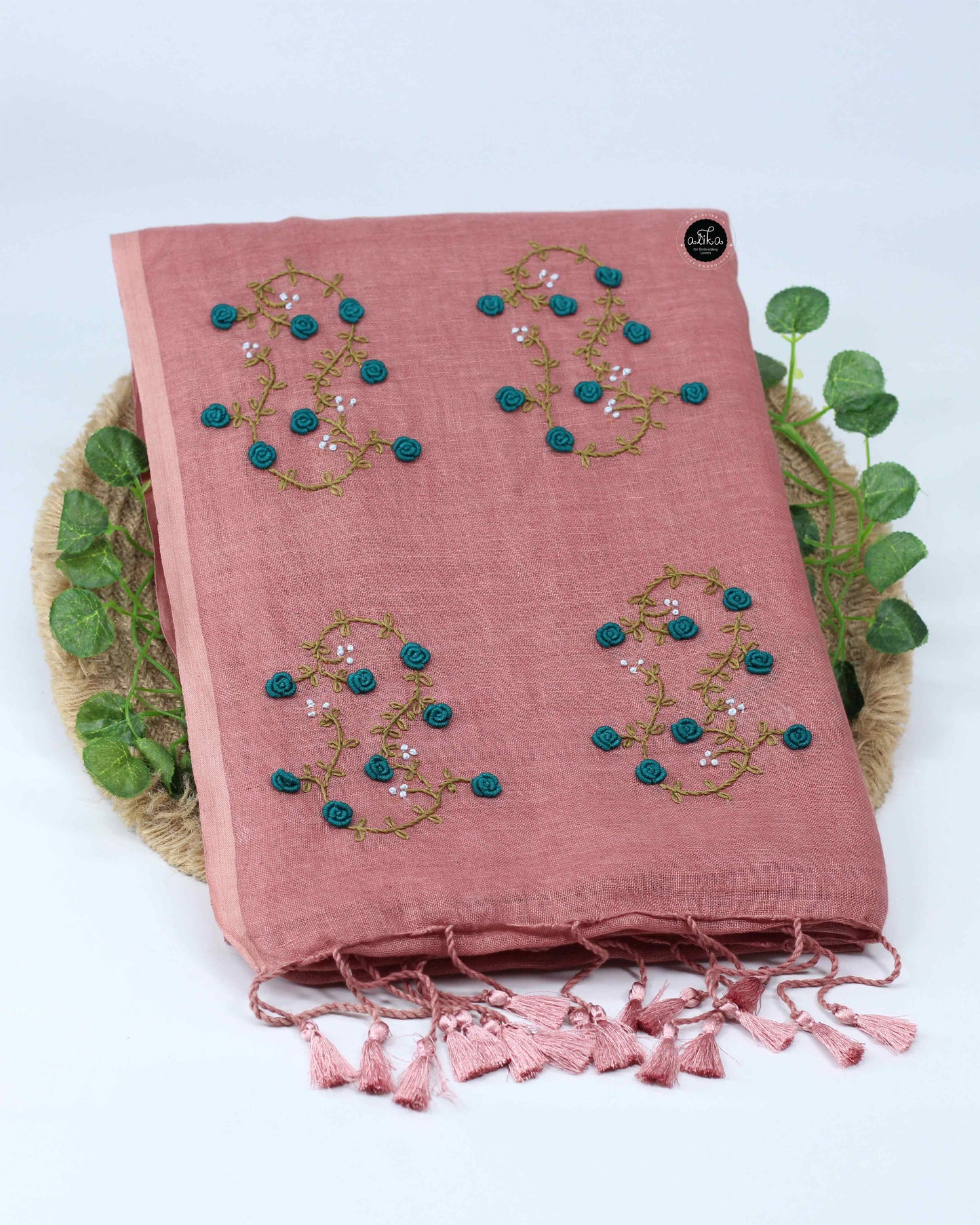 Light Chocolate Brown Pure Linen Saree with Floral Hand Embroidery