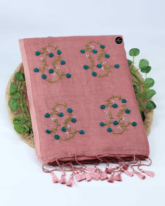 Light Chocolate Brown Pure Linen Saree with Floral Hand Embroidery