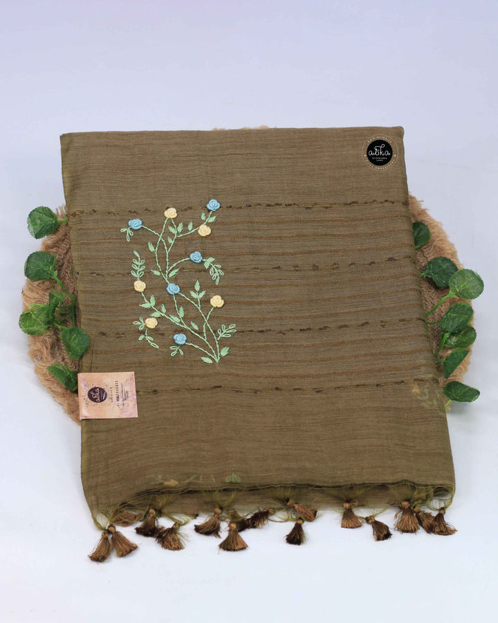 Olive Green Bamboo Silk Saree with Floral Hand Embroidery