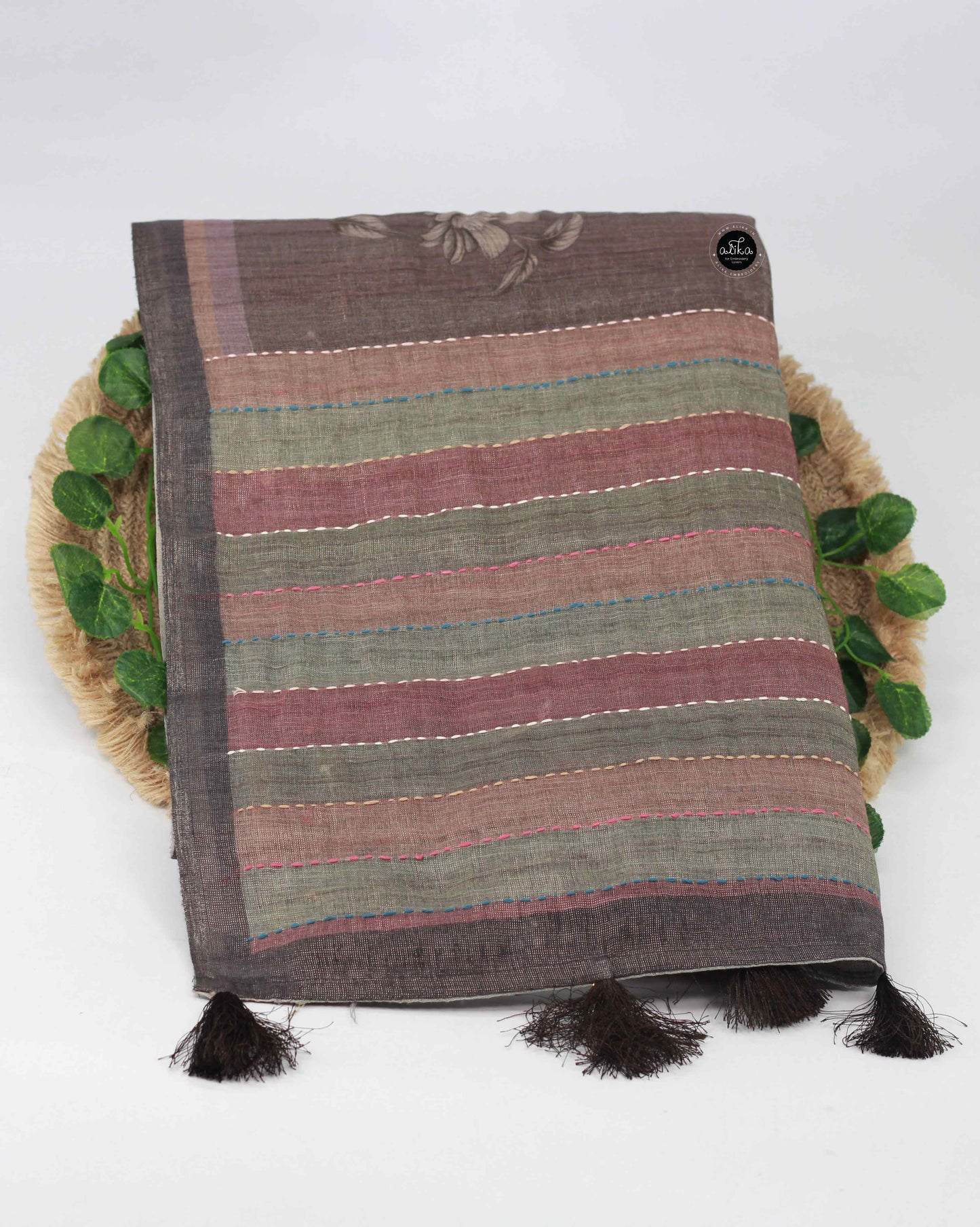 Grayish Brown Linen Tissue Saree with Floral Prints & Kantha Work – Handcrafted Elegance