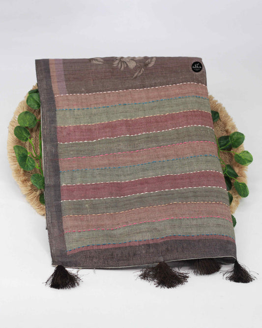 Grayish Brown Linen Tissue Saree with Floral Prints & Kantha Work – Handcrafted Elegance