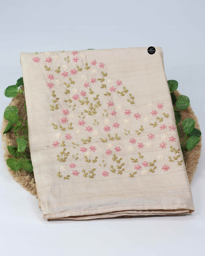 Beige Pure Tussar Silk Saree with Floral Hand Embroidery