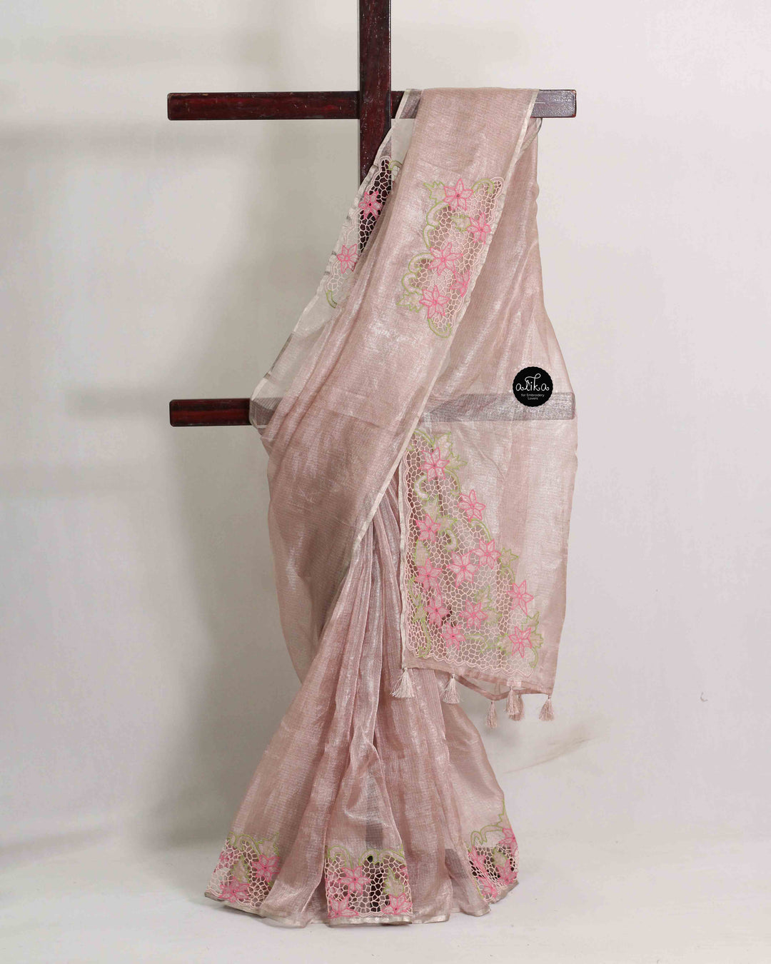 Rose Gold Pure Tissue Saree with Floral Twine Cutwork