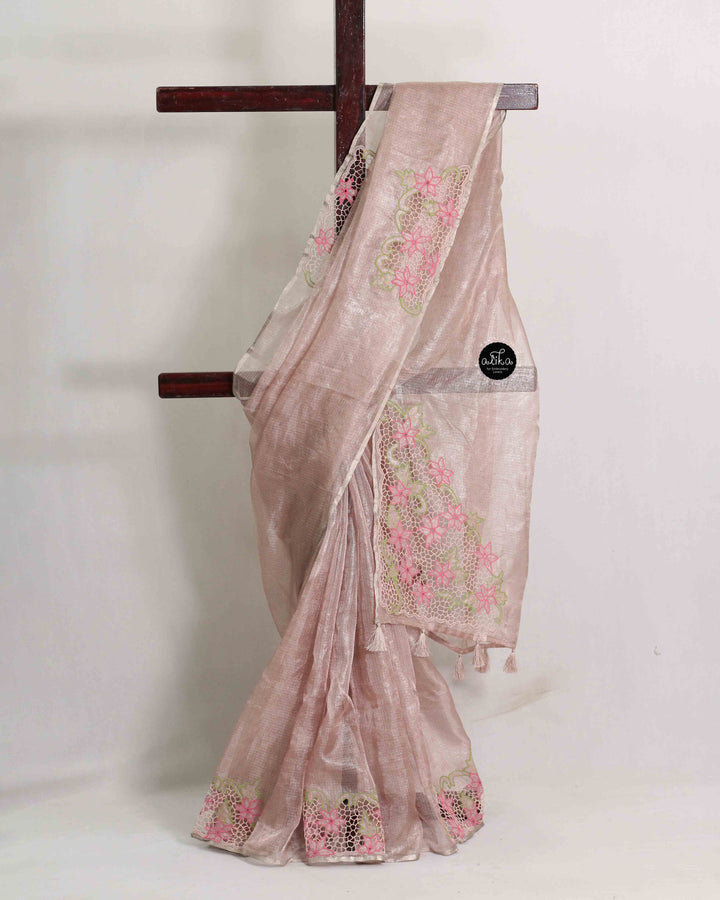 Rose Gold Pure Tissue Saree with Floral Twine Cutwork