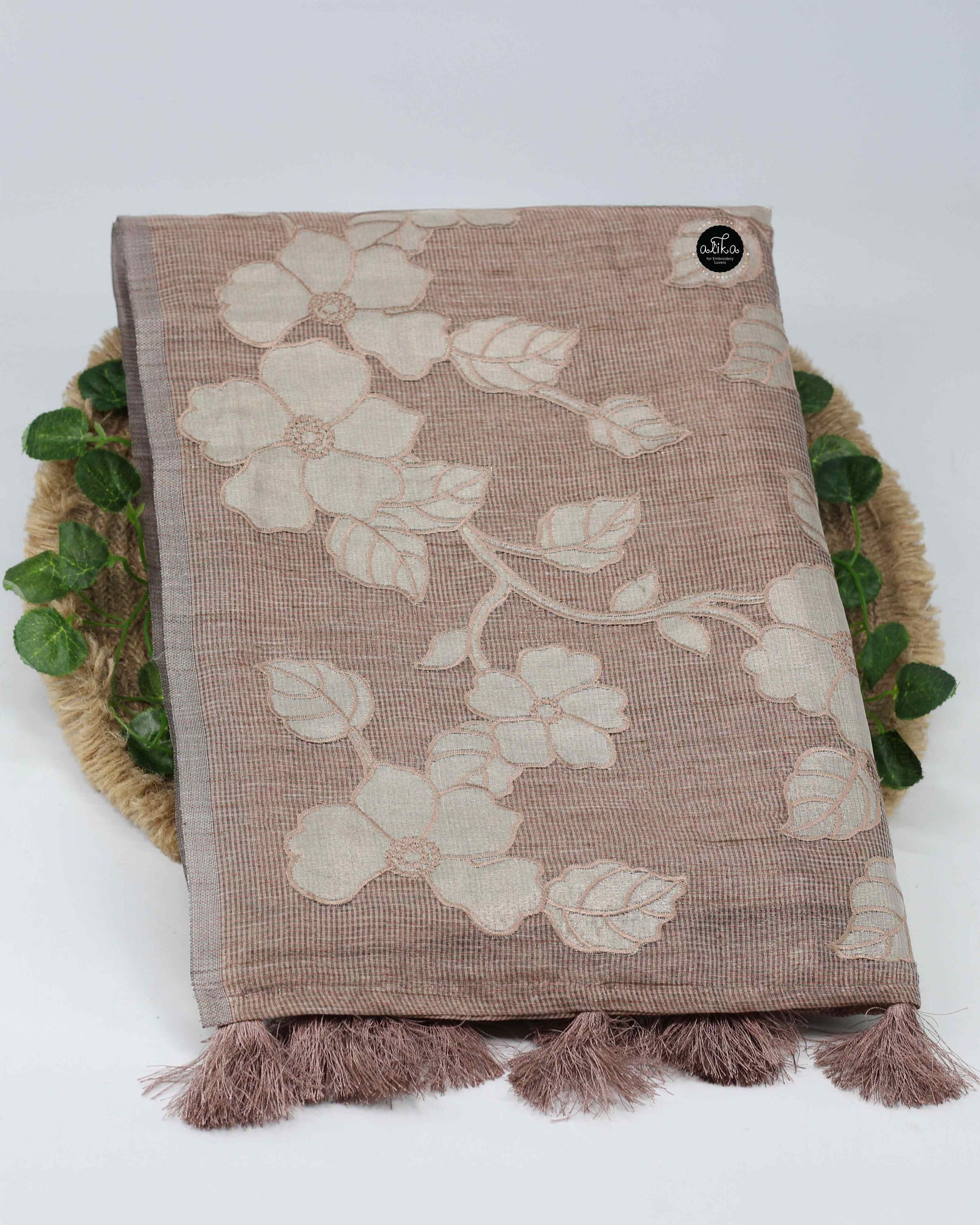 Rose Gold Semi Tissue Saree with Floral Appliqué Work – Luxury Designer Wear