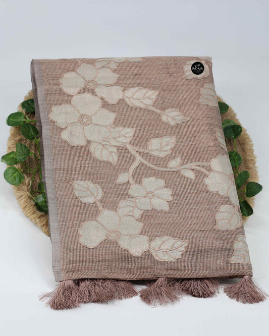 Rose Gold Semi Tissue Saree with Floral Appliqué Work – Luxury Designer Wear