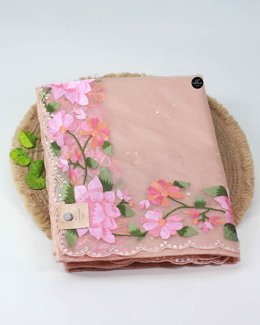 Light Peach Organza Saree with Border Embroidery and Mirror Work