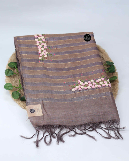 Moss Brown Pure Tussar Silk Saree with Floral Hand Embroidery