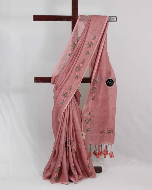 Brown Linen Saree with Bullion Embroidery