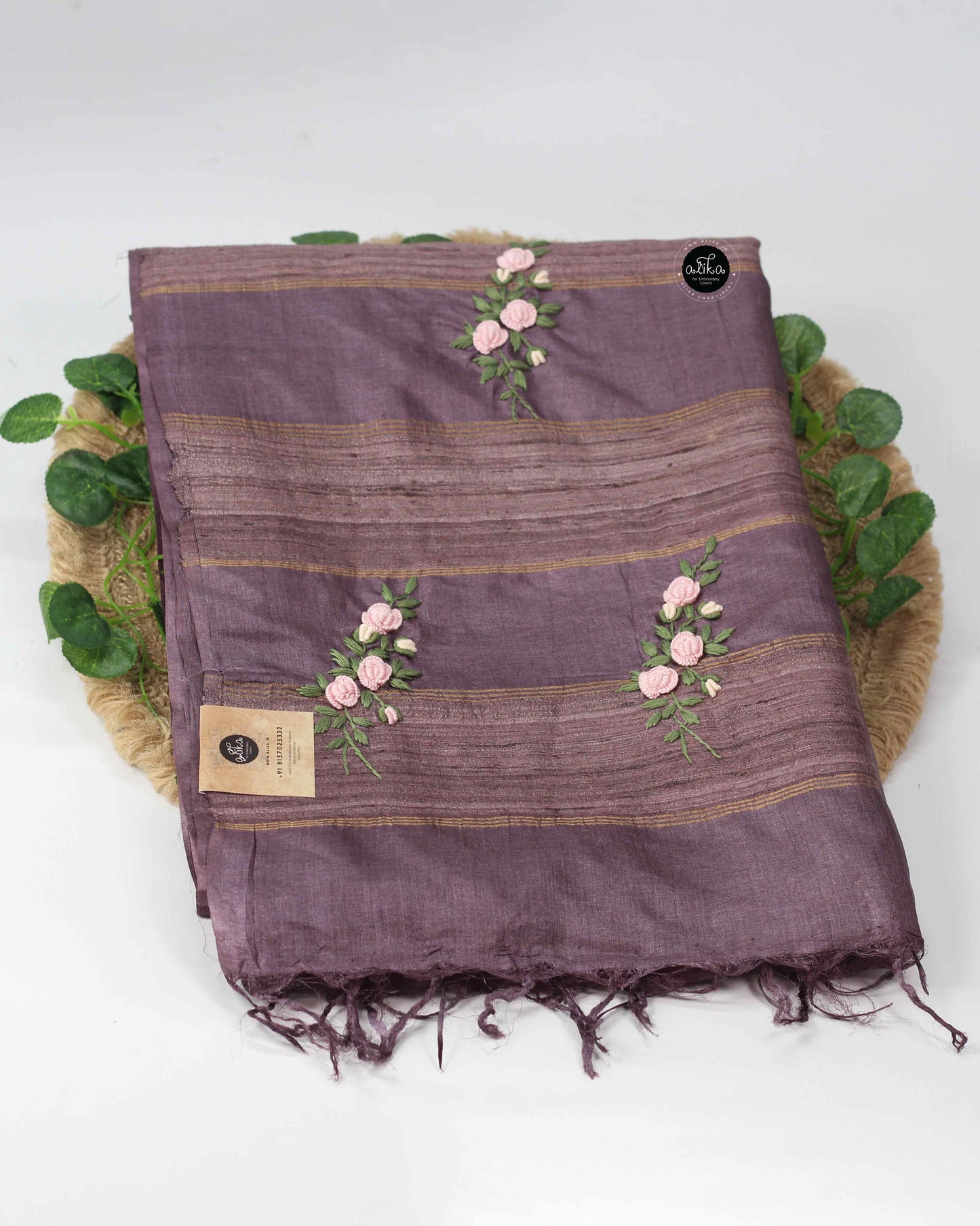 Purple Mauve Tussar Silk Saree with Floral Hand Embroidery