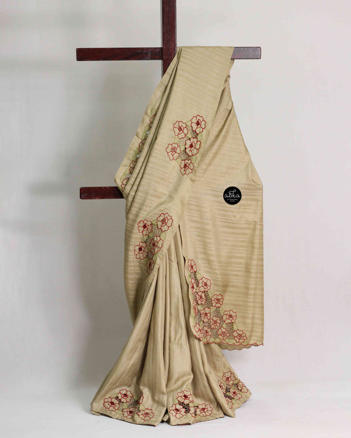 Dark Beige Semi Silk Saree with Floral Twine Cutwork